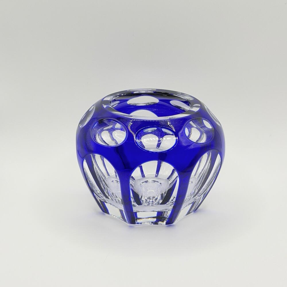Bohemian Cobalt Blue Cut to Clear Crystal Votive Candle Holder Vintage